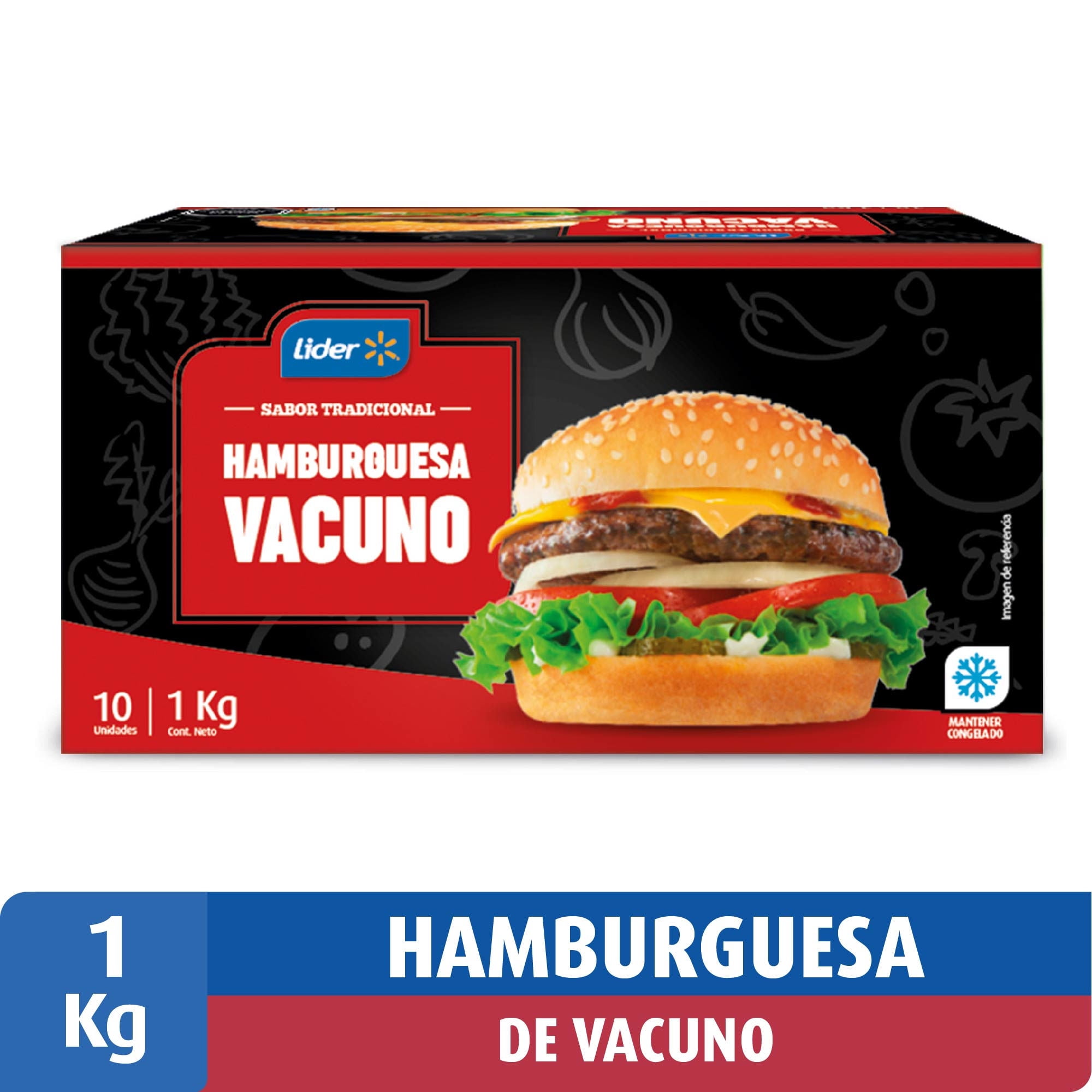 Hamburguesa De Vacuno 100% Caja 10 Un 1 kg Lider