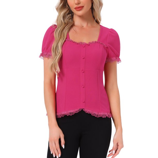 INSPIRAR CHIC Camisa Victoriana para Mujeres Regreso a Clases Cuello de Corazón Manga Abullonada Halloween Encaje Blusa Gótica XL Rosa Fucsia