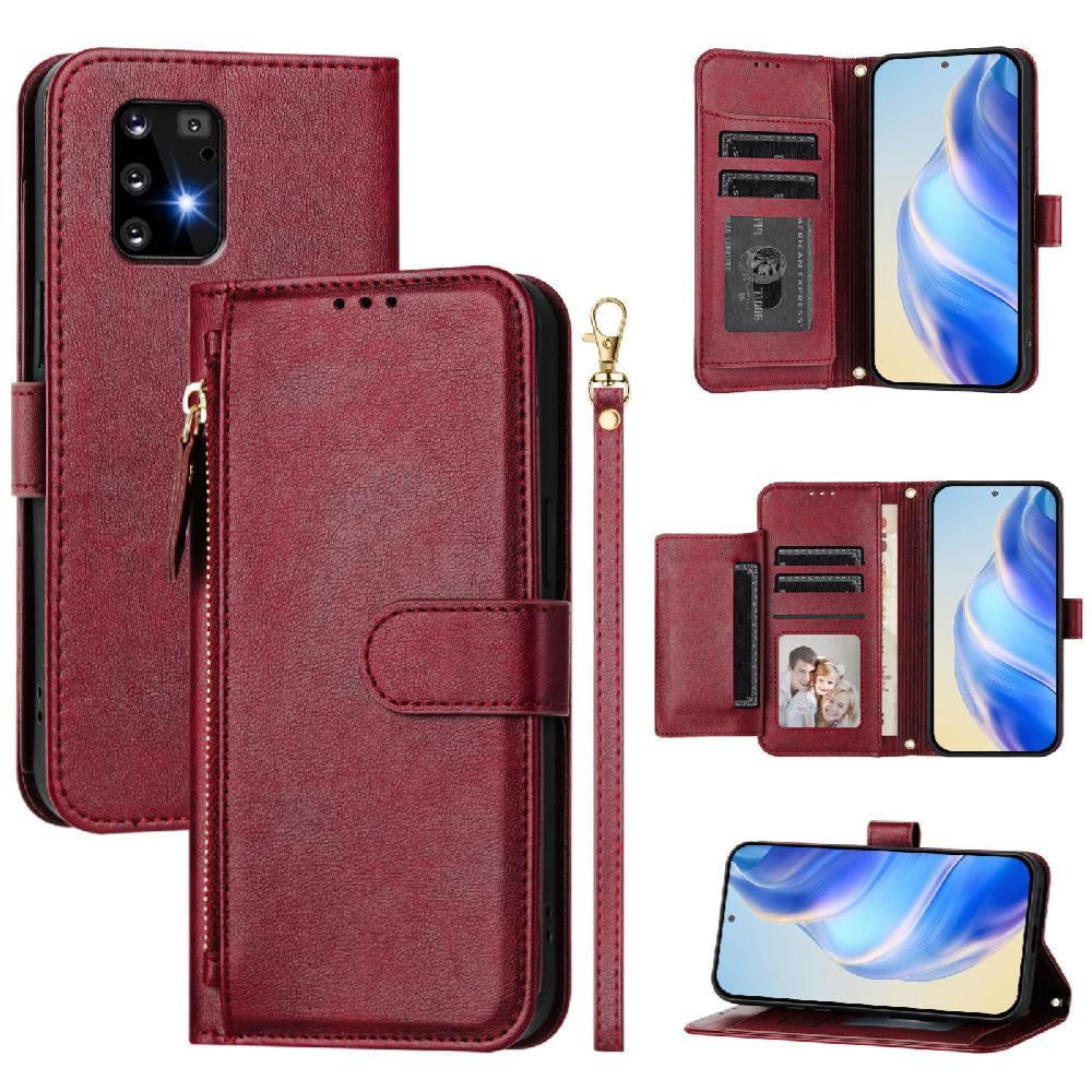 Foxdock - Funda Tipo Billetera Para Samsung Galaxy A91 Con Cremallera Portatarjetas Soporte Correa De Muñeca Cuero Rojo