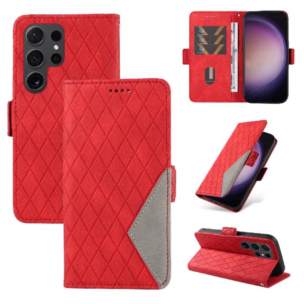 Funda Cartera para Samsung Galaxy S24 Ultra con Tarjetero Soporte y Correa Rojo