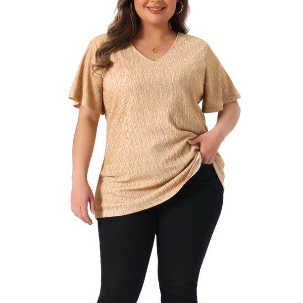 Agnes Orinda Blusas de Mujer Tallas Grandes Cuello en V Metálico Manga Corta Camiseta Tops de Fiesta 3X Champán