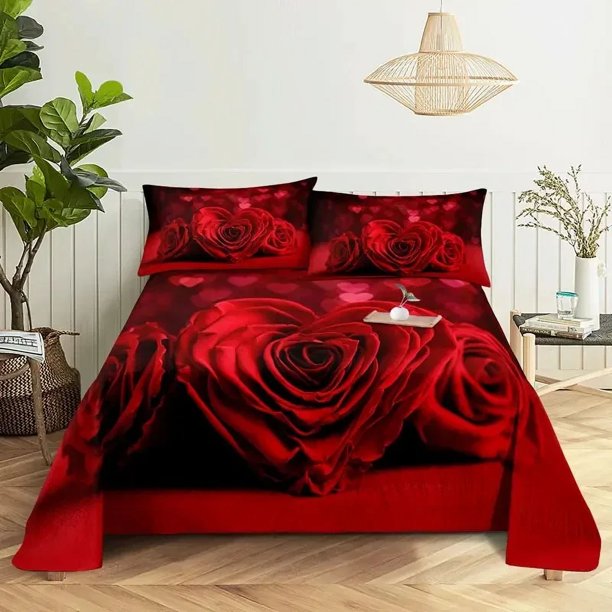 Red Rose Floral Bedding Set Microfiber Flower Print Duvet Cover For Girl Teen Romantic Valentine's Day Bedroom Decor Bed Sheets