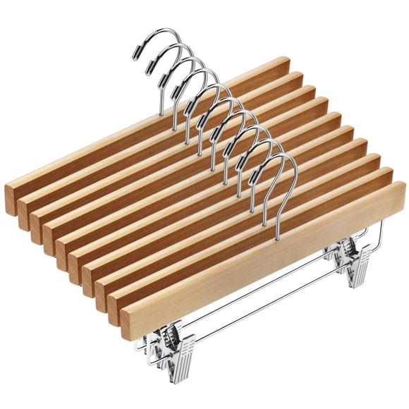 Perchas de madera AMKUFO para pantalones, 20 unidades, madera natural con clips, 35 cm