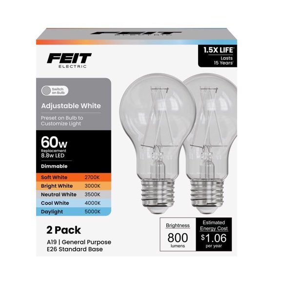 Bombillas Feit Electric A19, 8,8 W, regulables, paquete de 2, 60 W, ecualizador