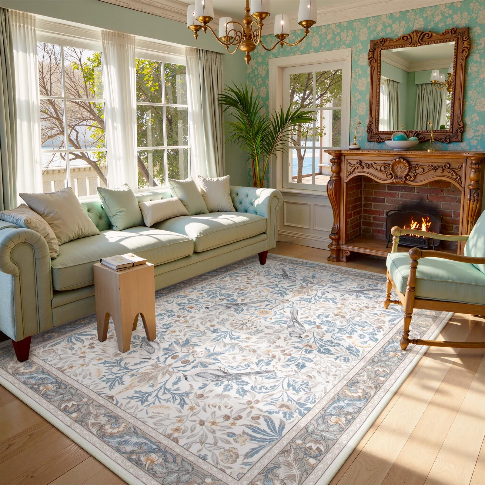 Alfombra Morebes Floral, Lavable, 150 X 210 Cm, Color Beige, Antideslizante