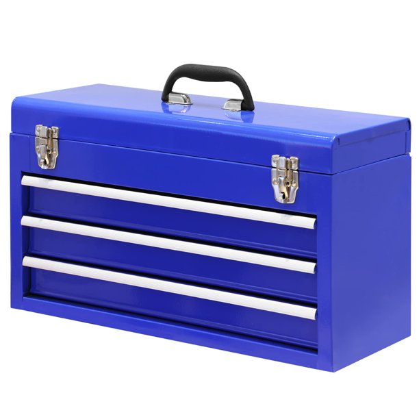 Caja de herramientas grande roja con 3 cajones, 20 unidades, metal, portátil, acero azul