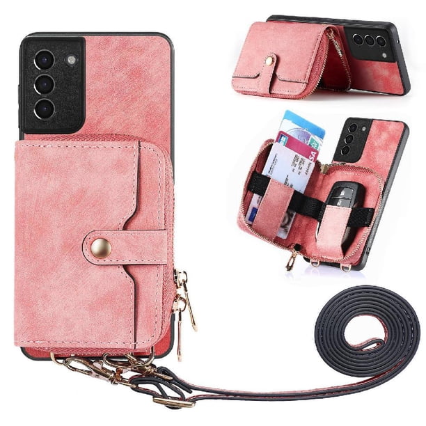 Funda Tipo Cartera con Correa Cruzada para Samsung Galaxy S21 Plus Protección Contra Golpes Rosa