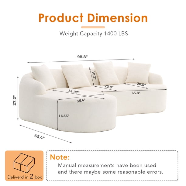 Boneless L-Shape Sectional Sofa with Curved Chaise,White Modular Chenille Compression Couch,30D High-Density Foam,Minimalist Modular Couches Sleeper for Living Room Bedroom Apartment Lounge.