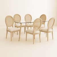 Klik Muebles - Comedor Mesa De Vidrio Rectangular Nórdica 140X90 Cm + 6 Silla De Madera Acolchada Luis Xv