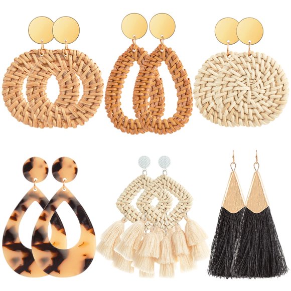 Pendientes Ponpon 6 pares de aros de ratán estilo verano