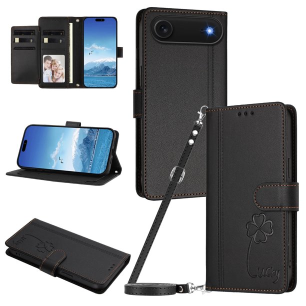 Funda Cartera Trébol para iPhone Air con Ranuras Tarjetas y Carga Inalámbrica Negro