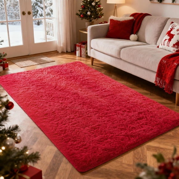 Alfombra Ophanie Roja 122x152 cm Peluche Esponjoso y Desgreñado