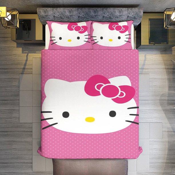 Hello Kitty Face Comforter Twin SizeComforter Set for Kids Girls3Pcs Bedding Set Printed Comforter with 2 PillowcasesDown AlternativeSoft and Lightweight Bed Sheets