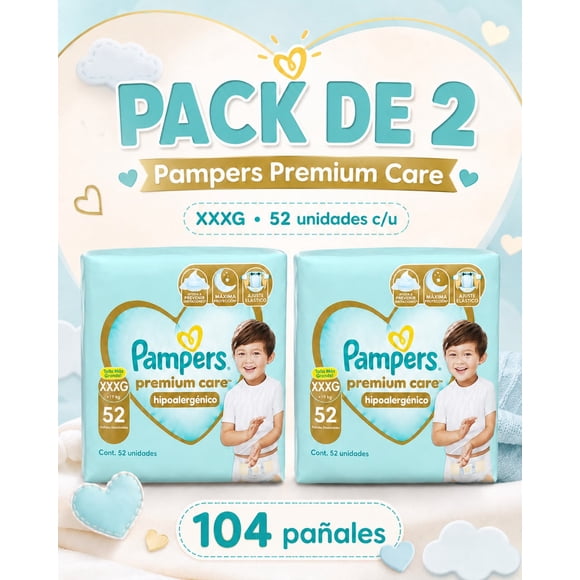 Pack x 2 Pampers Premium Care Hipoalergénico talla XXXG