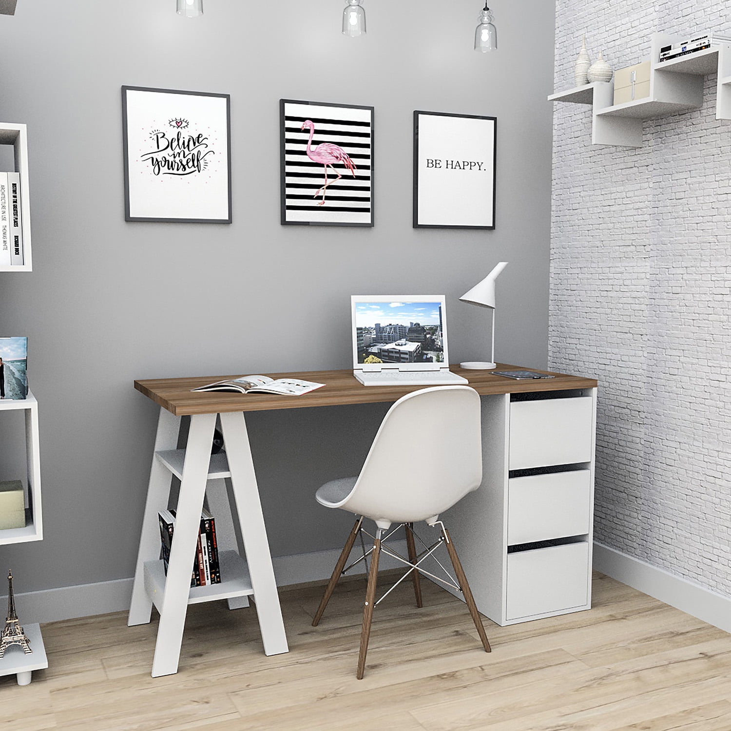 Df Home - Escritorio Nórdico 3 Cajones Blanco Castaño