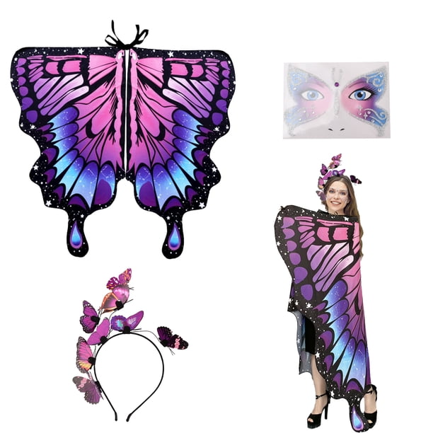1set Women's Butterfly Costume Set - Includes Cape, Headband, Face Sticker, and Wings - Perfect for Party, Halloween, and Cosplay