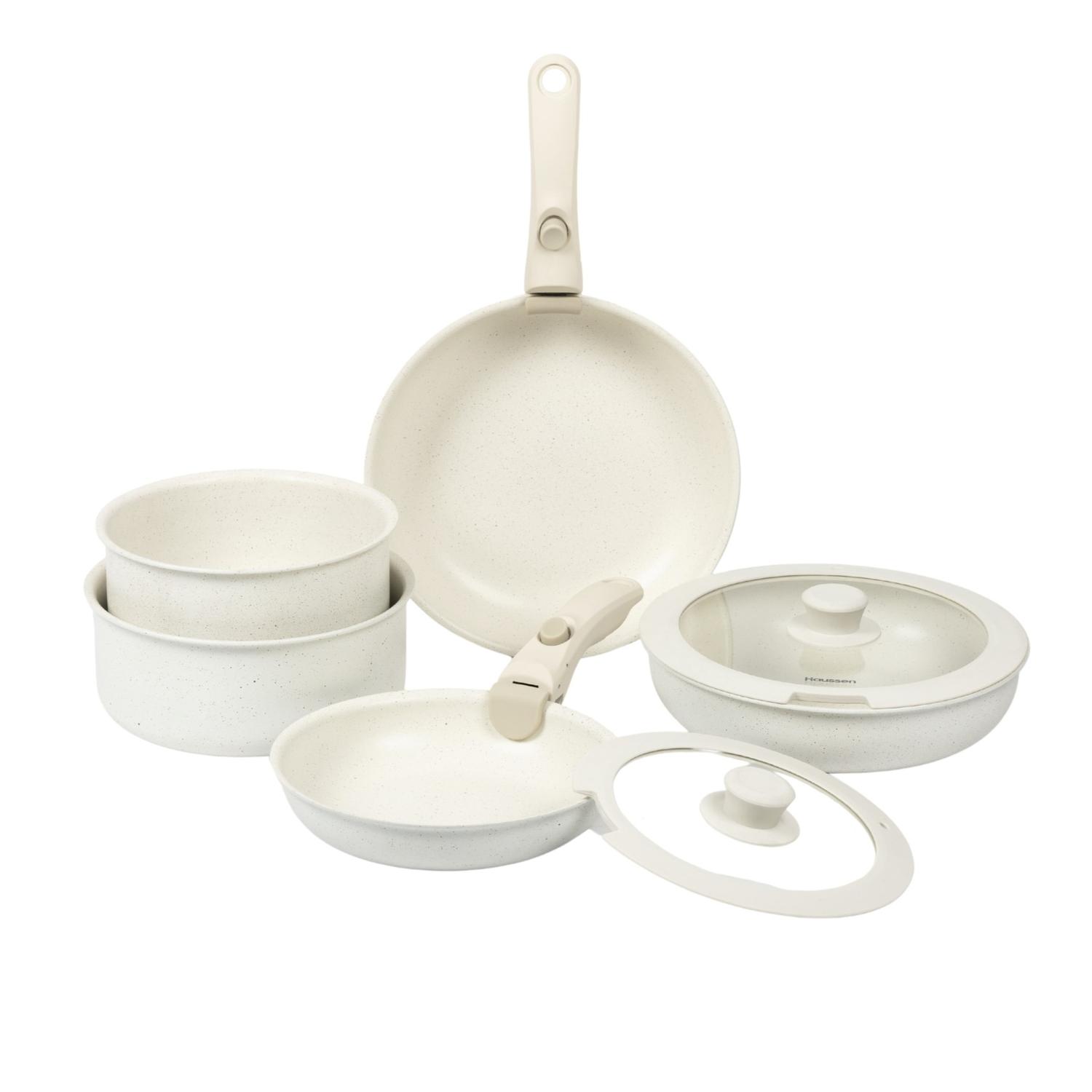 Haussen - Batería De Cocina Antiadherente Granito 11 Piezas Infini Crema