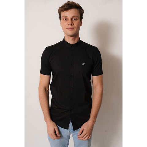 White Clothing - Camisa Cuello Mao Color Negro Manga Corta Fit
