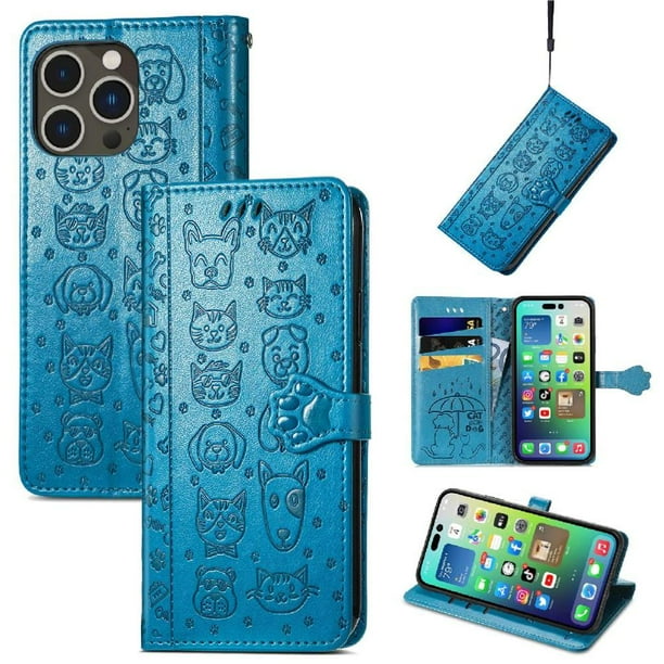 Funda Cartera FOXDOCK para iPhone 14 Pro , Flip PU con Relieve de Gatos y Perros, Tarjetero y Soporte