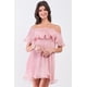 thumbnail image 1 of Vestido Mini Rosa Plisado con Hombros Descubiertos y Doble Capa con Ribete de Volantes (Talla XS), 1 of 3