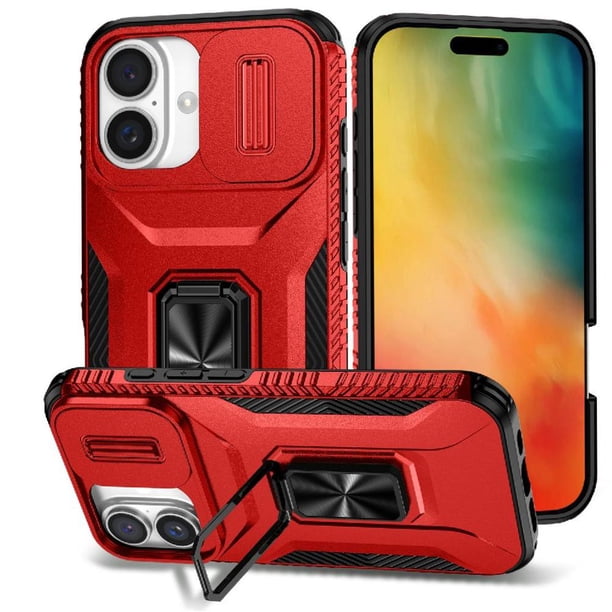 Funda Armada para iPhone 16 Plus con Tapa Deslizante y Soporte Magnético Giratorio Rojo