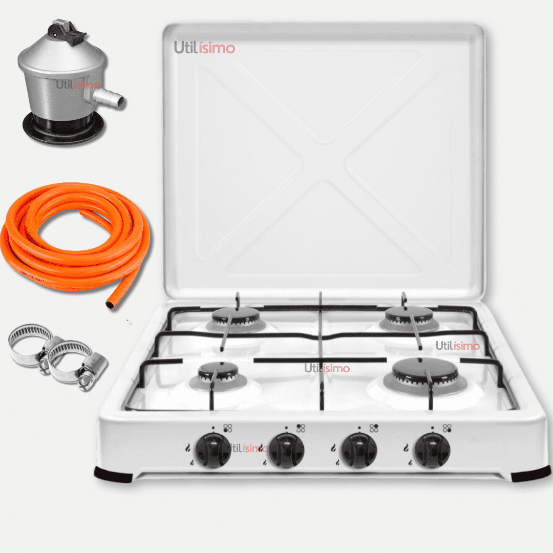 Line - Cocina Encimera A Gas Licuado 4 Platos + Kit De Instalación Cocinilla Blanco