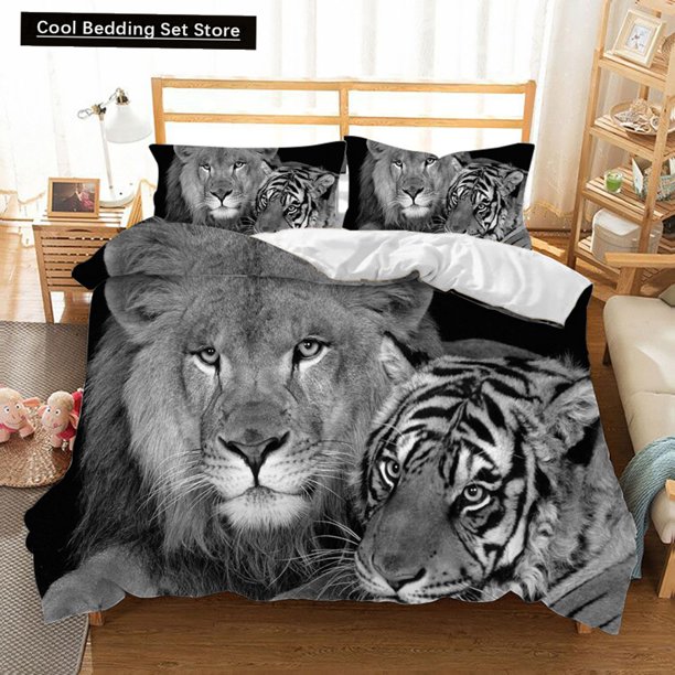 Lion Tiger Duvet Cover Lovely Wild Animals Bedding Set for Kids Teens Adults Wildlife Grey Black Quilt Cover Bed Sheets