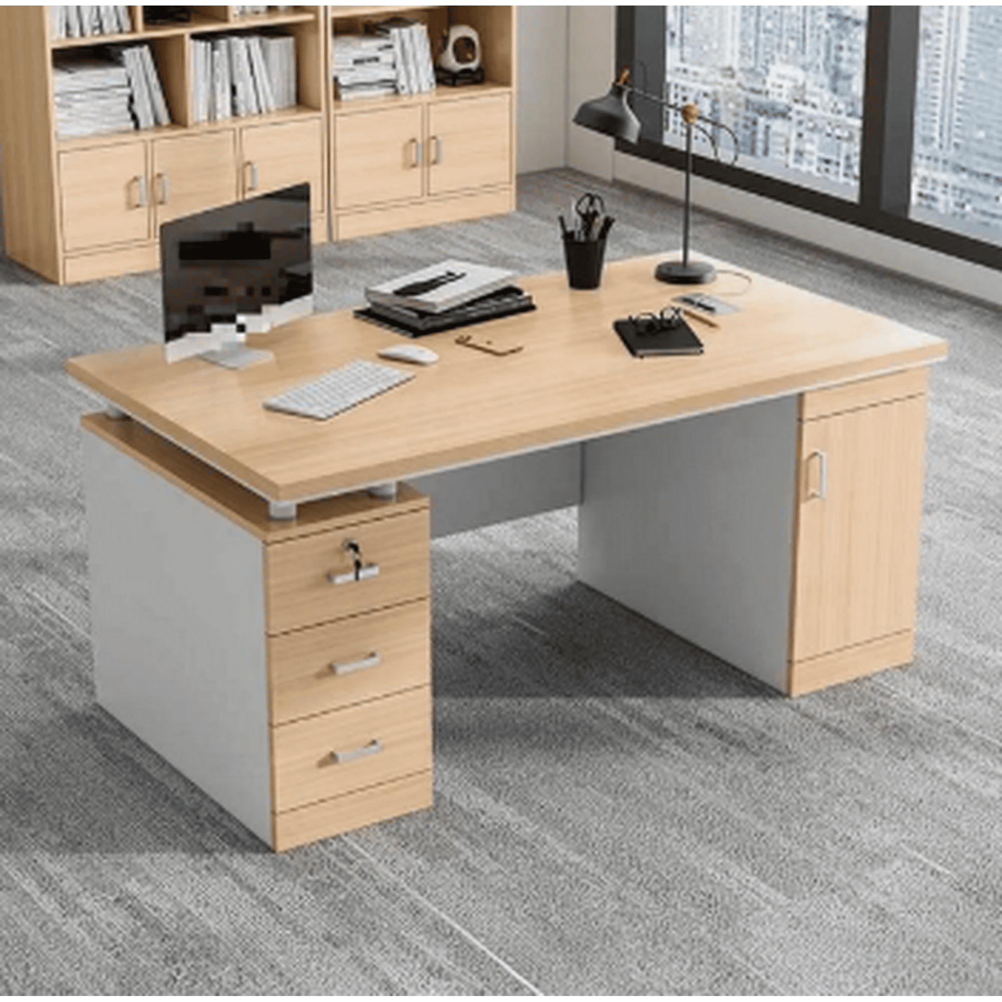 Genérico - Escritorio Moderno Con Cajoneras 120x60x77 Cm Para Oficina Marron Claro