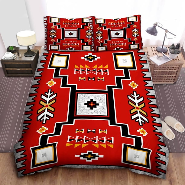 Feather Duvet Cover & Pillowcase: Southwest Native American Bedding Set3-Piece Bedding Set (1 Duvet Cover + 2 Pillow Shams)