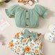 thumbnail image 1 of 3pcs Baby Infan Girl Casual Puff Sleeve Top & Floral Shorts & Headband Set Clothes, 1 of 5