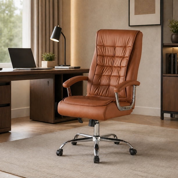 Silla Ejecutiva Magnus Café con Respaldo Alto Acolchado, Ruedas y Base Cromada para Oficina