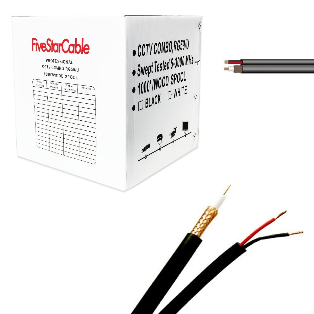 Five Star Cable - Cable De Circuito Cerrado De Televisión Fivestarcable Rg59, 1000 Pies, Coaxial Siamés, Negro