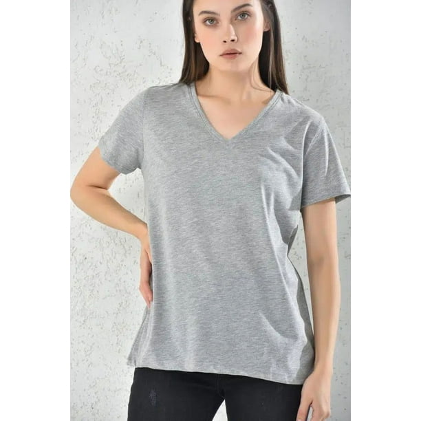 Polera Mujer Gris Manga Corta Cuello V Talla L
