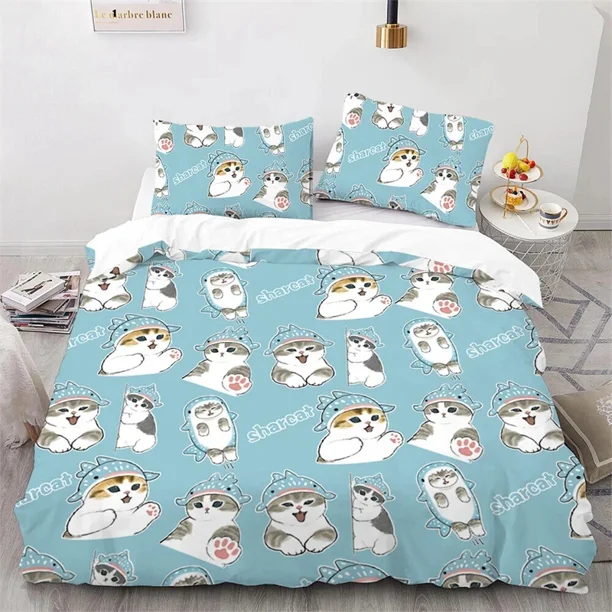 Cute Kitten Duvet Cover Pillow Case Mofusand Shark Cat Bedding Set Double Teen Gift Room Decor 3PCS set Bed Sheets