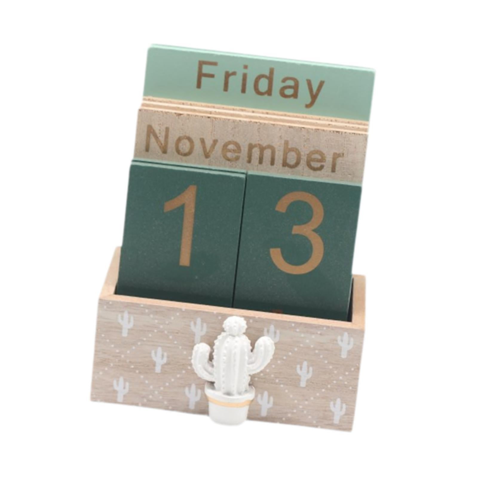 Magideal - Calendario Calendario De Bloques De Madera Escritorio Decoración Rústica Para El Hogar Calendario Permanente De Escritorio Para Bar Guardería Cactus