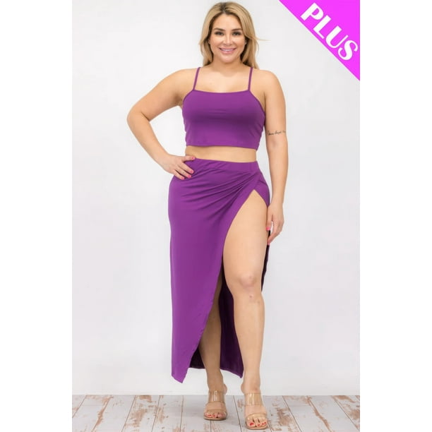 Conjunto De Dos Piezas De Top Corto Camisola Y Falda Larga Con Abertura Frontal En El Muslo Morado (talla Grande Para Mujer)