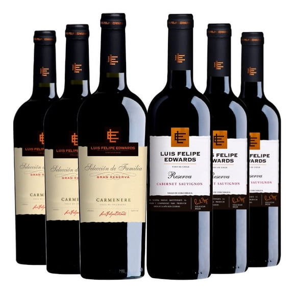 6 Vinos: 3 Gran Reserva Carmenere + 3 Reserva Cabernet Sauvignon, 750 ml