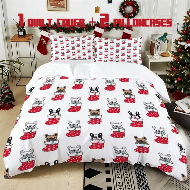 3pcs French Bulldog Christmas Printed Bedding Set Soft Duvet Cover with 2 Pillowcases All Season Comfort