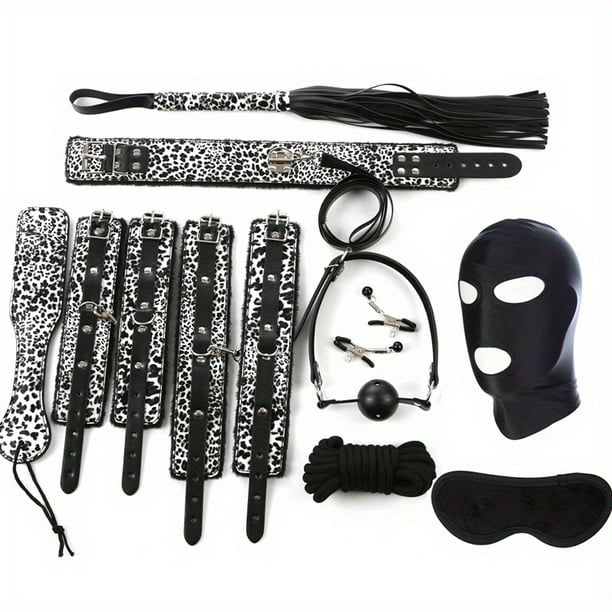 Sexy Leopard Pattern Leather Plush BDSM Bondage Set with Handcuffs, Whip, Nipple Clip, and Headgear - Adult Sex Game Accessories for Exploring Your Desires