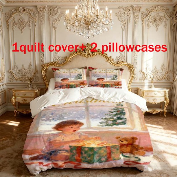 3pcs Christmas Surprise Themed Printed Bedding Set Duvet Cover and Pillowcases