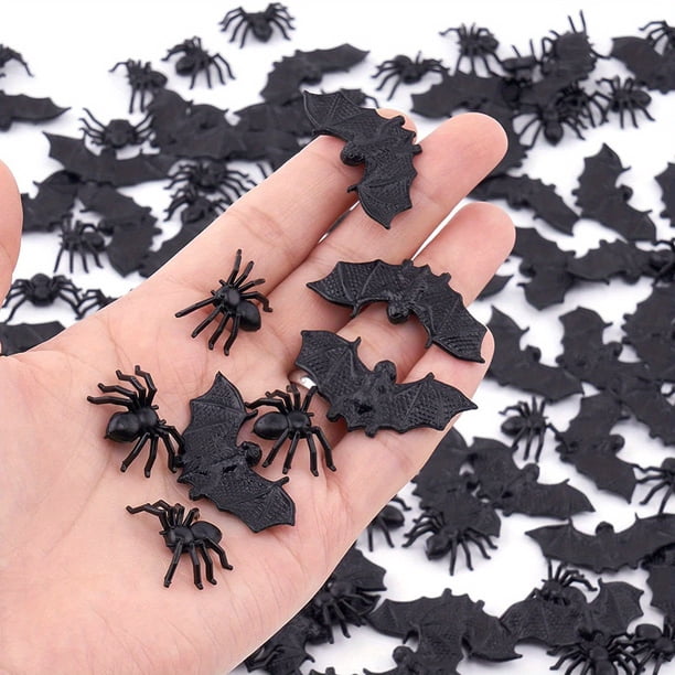 200 pcs Creepy Halloween Plastic Bats and Spiders - Perfect for Decorations, Pranks, and Miniature Collectibles