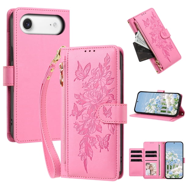 Funda Billetera Floral en Relieve iphone17 air con Tarjetero y Cremallera Rosa