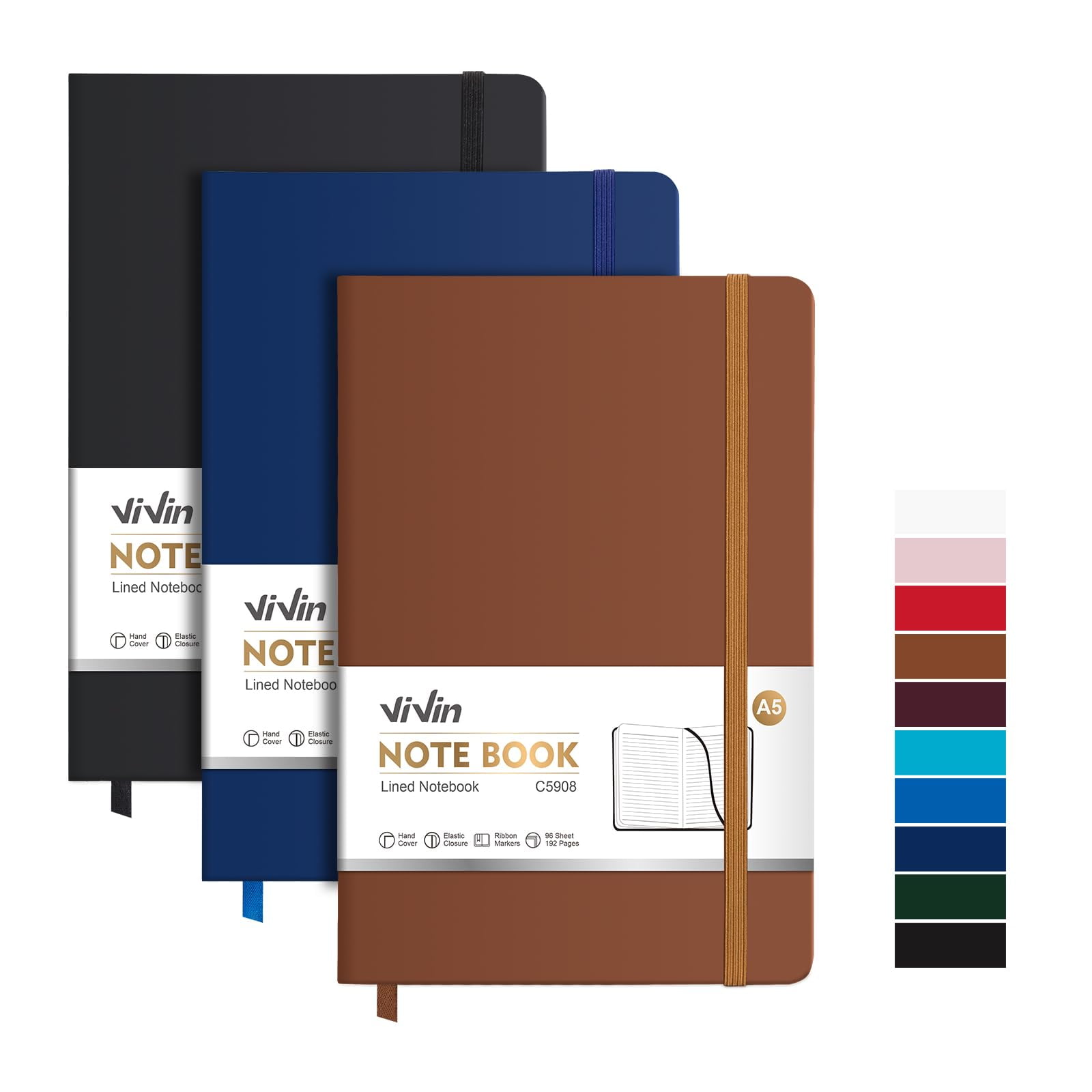 Libretas Vivin Lined Journal A5, Tapa Dura, 192 Páginas, Paquete De 3