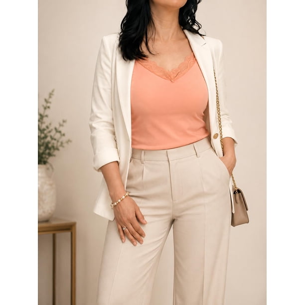Polera Básica Mujer Acanalada Con Encaje Escote V naranja Talla Única