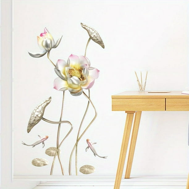 Beautiful Lotus Flower Dragonflies Fish Wall Decor - Removable Chinese Wall Art for Living Room Decor