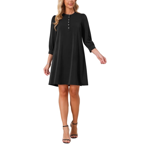 INSPIRE CHIC Vestido Mini de Mujer con Mangas Abullonadas 3/4 Botón Cuello Redondo Elegante Casual de Negocios Vestidos Shift 2026 L Negro