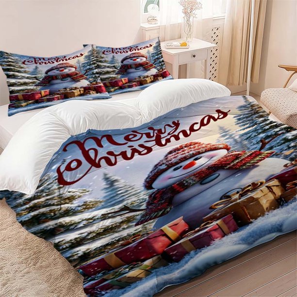 3pcs Snowman Christmas Gift Joyful Snow Scene Themed Bedding Set Duvet Cover and Pillowcase Set Soft and Comfortable