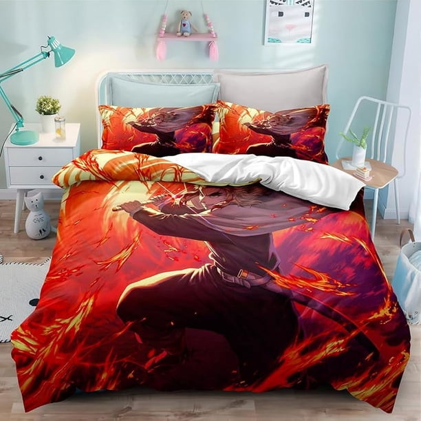 Be-d Duv-et Cove-r Anime Ca-rtoon Demon-Sl-ayer Bedding -Sets 3D Lightw-eight 3-Piece- Comforter Sets 1 Duvet C-over and 2 Pill-ow Shams for Boys Girl