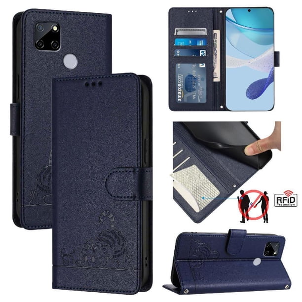 Funda tipo cartera FOXDOCK para REALME C25/C25S con soporte, ranuras, RFID, diseño de gato