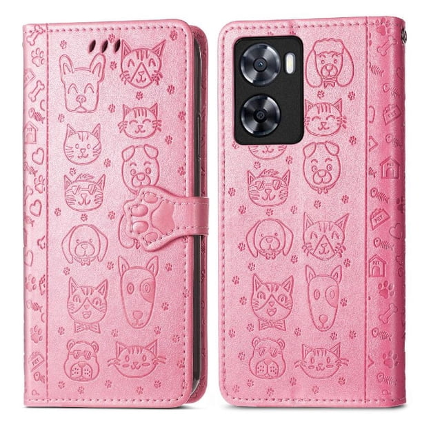 Funda Cartera FOXDOCK para OPPO A57 4G , Flip PU con Relieve de Gatos y Perros, Tarjetero y Soporte
